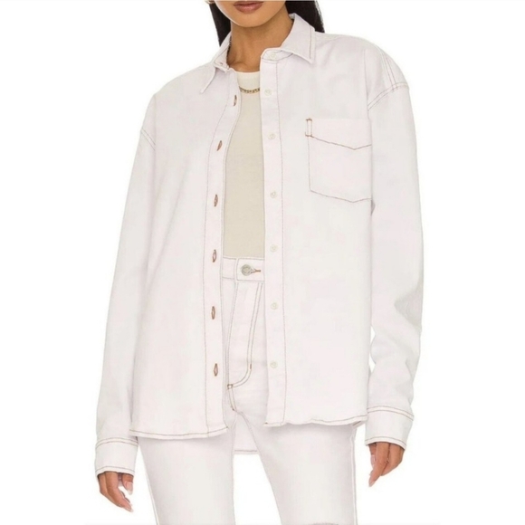 WEWOREWHAT Womens Oversized Boyfriend Stretch Twill White Demin Shirt Size XS/S - Picture 3 of 8
